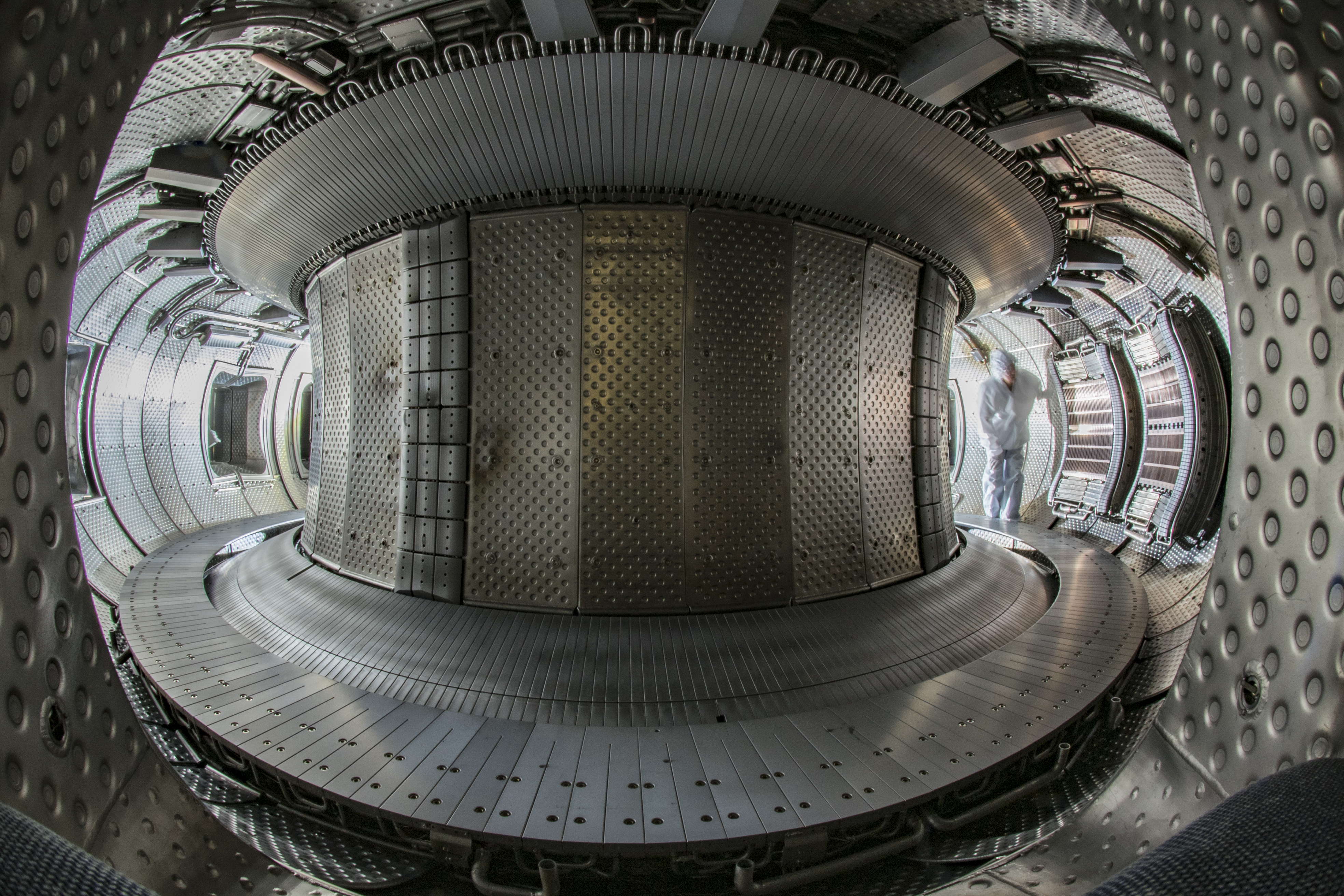 Inside the WEST tokamak vacuum chamber.